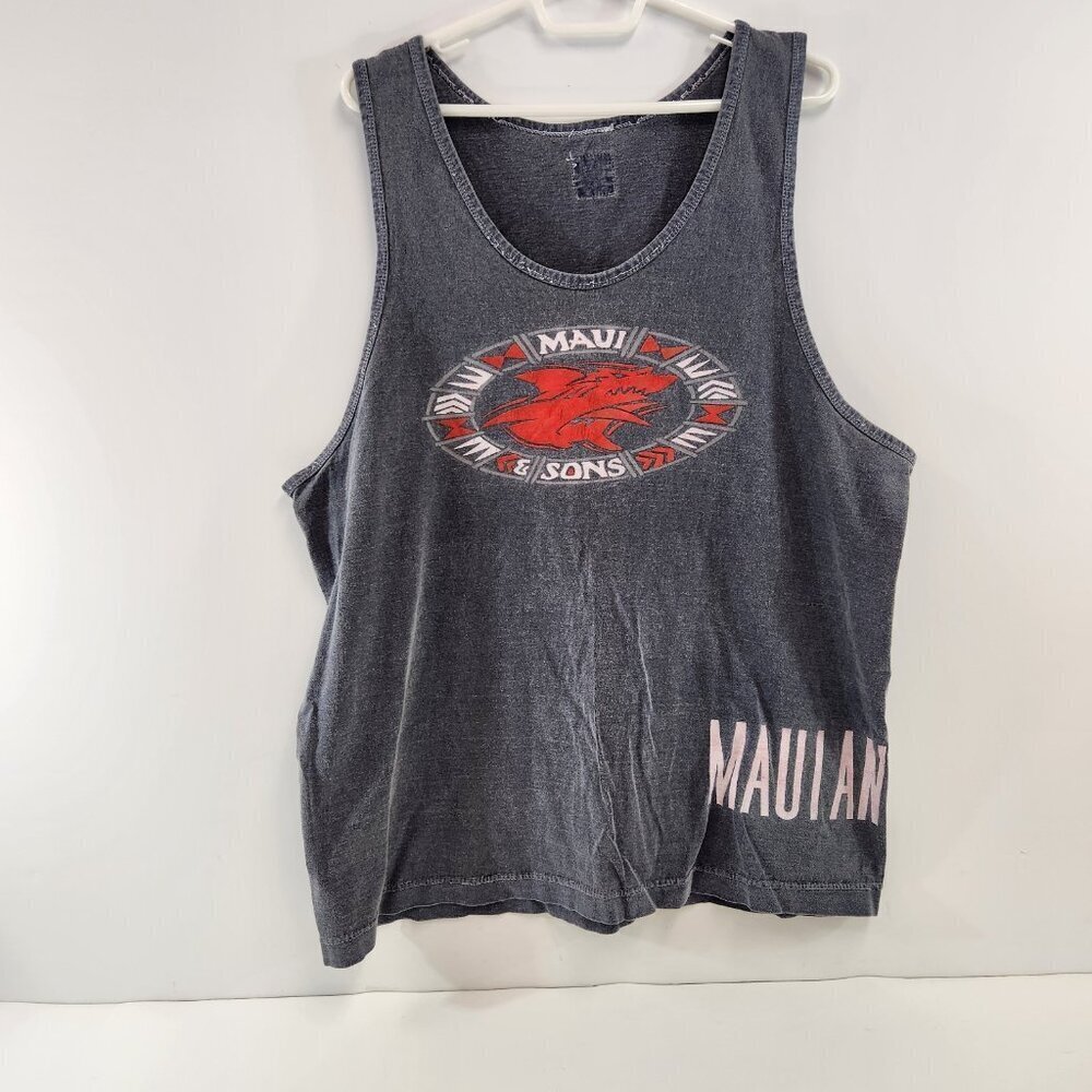 Maui & Sons Mens Tank Top Vintage 90s Faded Black Wraparound Logo